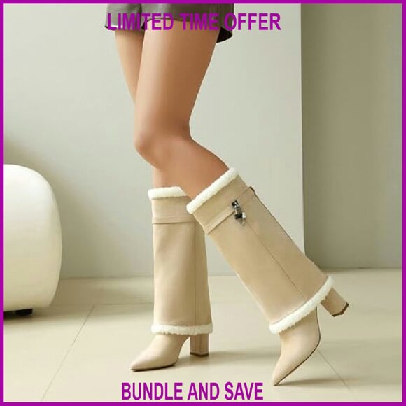 Fold Over Boots with Padlock Mid Calf Pointed Toe Chunky Heel Fur Collar - Picture 3 of 8